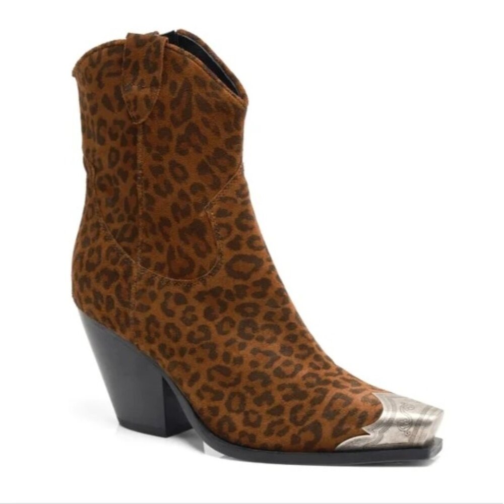 Free People Leopard Print Western Ankle Boots with Silver Toe